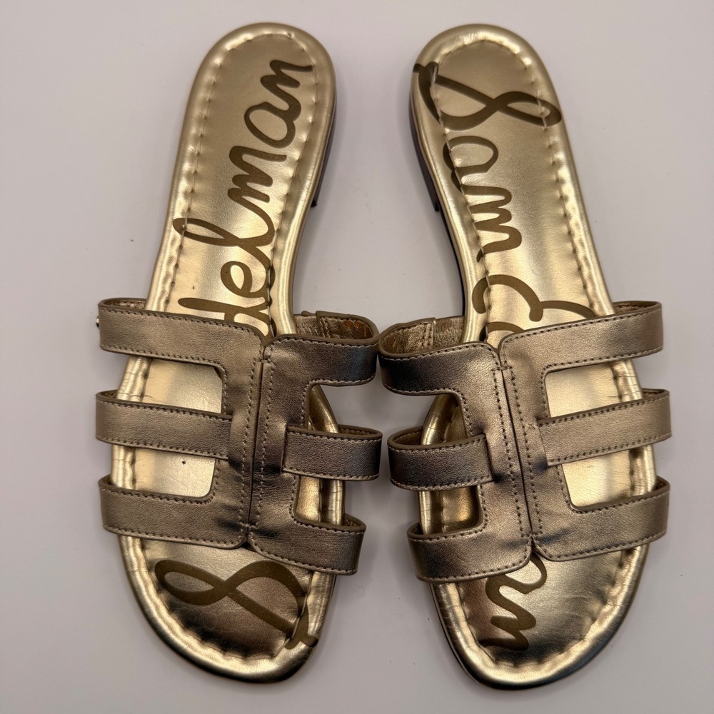Sam Edelman Bay Metallic Gold Leather Cutout Slide Sandals Womens 7.5 M - Picture 3 of 6